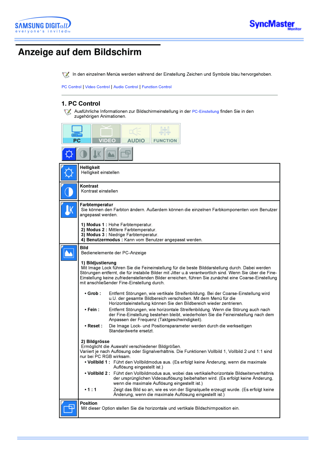 Samsung CK32PSNS/EDC manual Anzeige auf dem Bildschirm, PC Control, Helligkeit, Kontrast, Farbtemperatur, Bildjustierung 