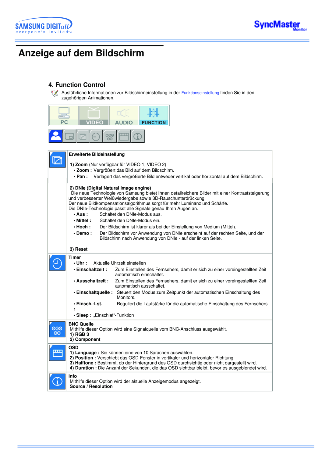 Samsung CK40BSNS/EDC Anzeige auf dem Bildschirm, Function Control, Erweiterte Bildeinstellung, Reset Timer, BNC Quelle 