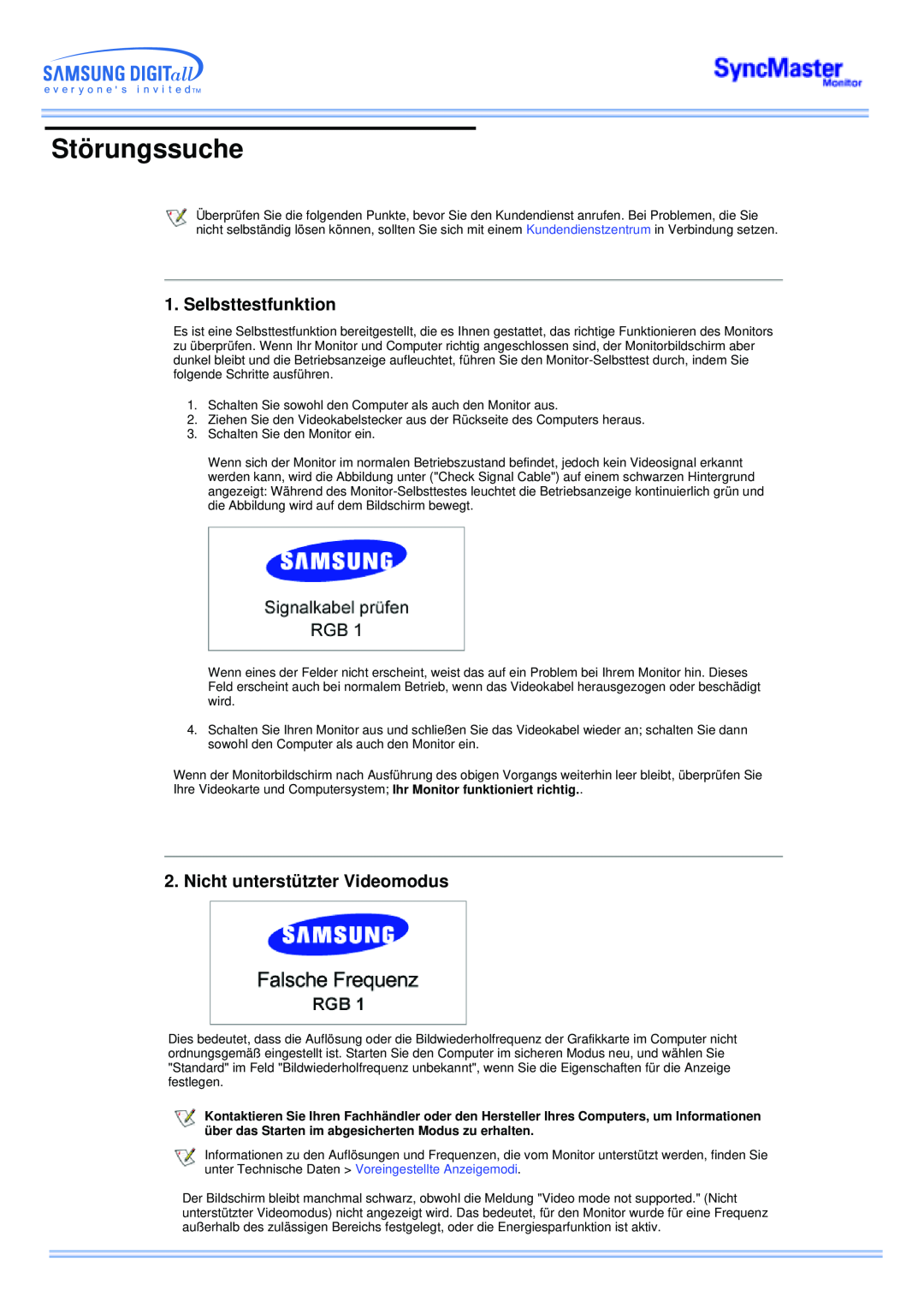 Samsung CK40PSNS/EDC, CK40PSNSG/EDC, CK40PSNB/EDC manual Störungssuche, Selbsttestfunktion, Nicht unterstützter Videomodus 