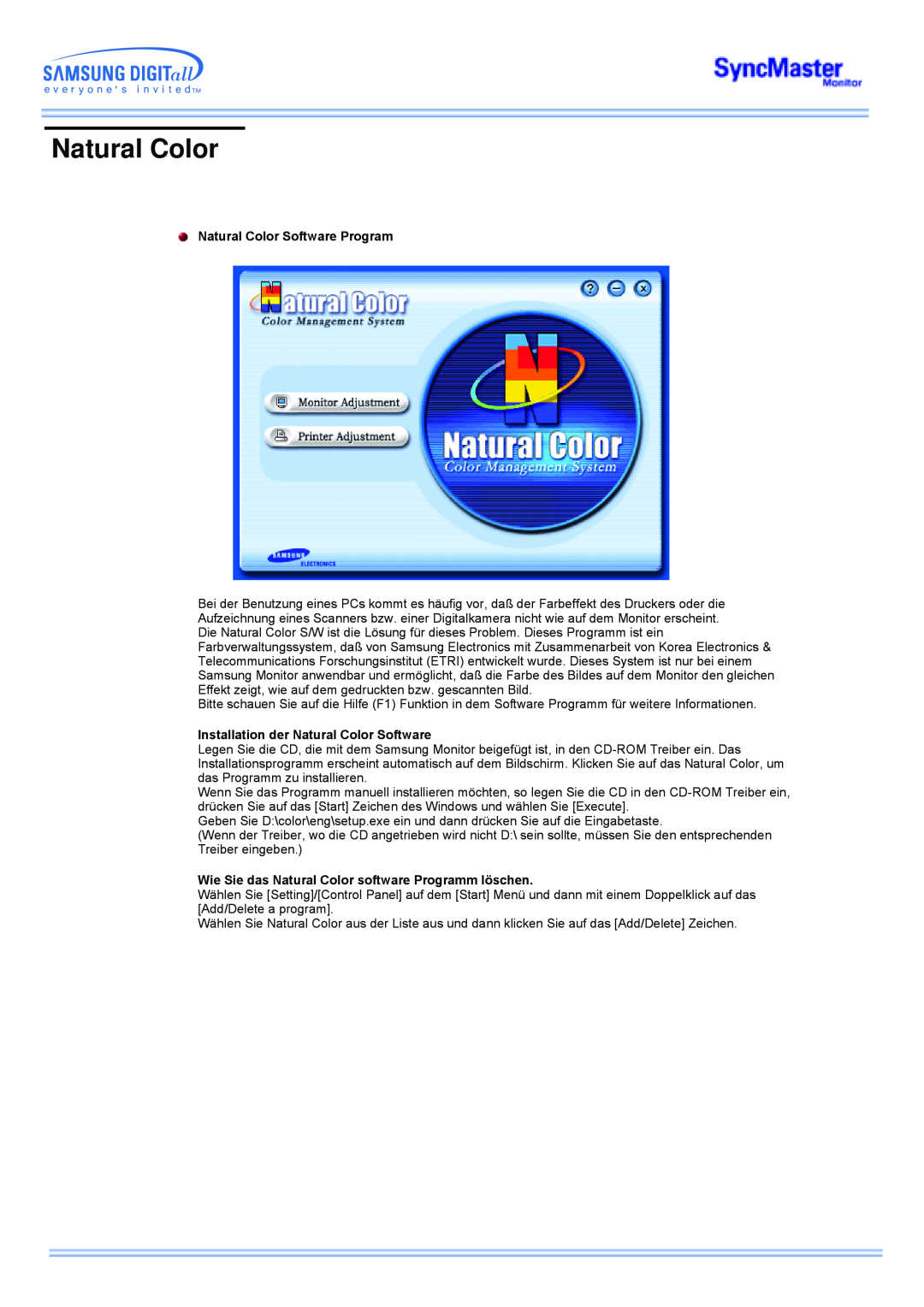 Samsung CK40PSNSG/EDC, CK40PSNB/EDC manual Natural Color Software Program, Installation der Natural Color Software 