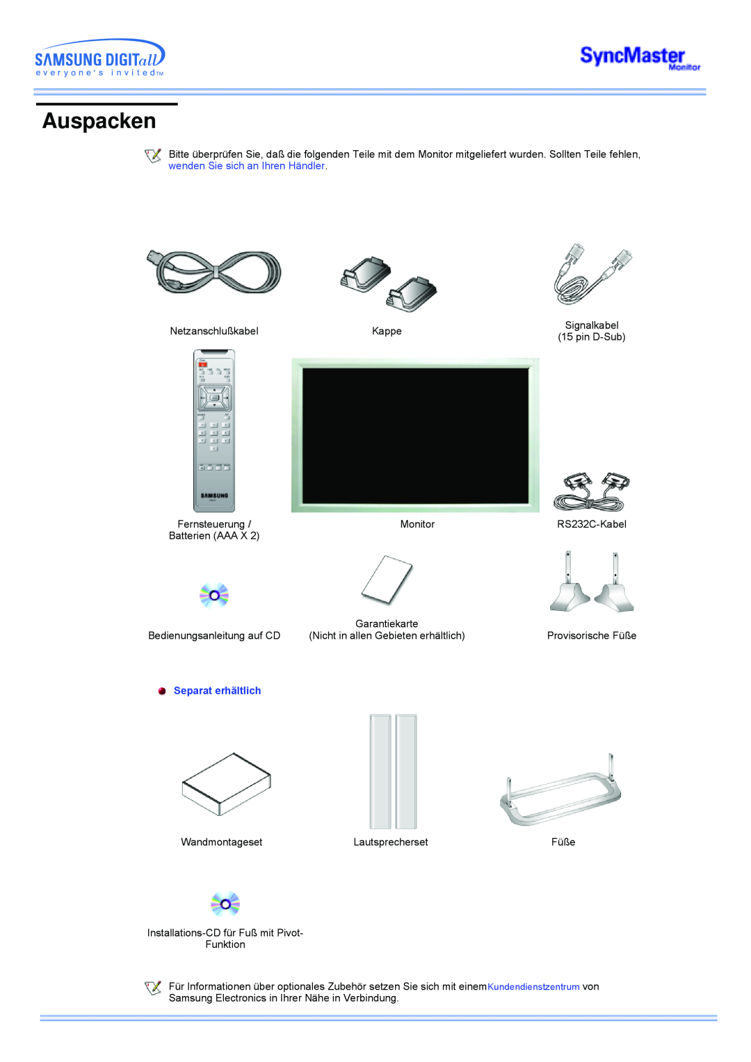 Samsung CK40PSNBG/EDC, CK40PSNSG/EDC, CK40PSNB/EDC, CK40BSNS/EDC, CK40PSNS/EDC, CK32PSNS/EDC Auspacken, Separat erhältlich 