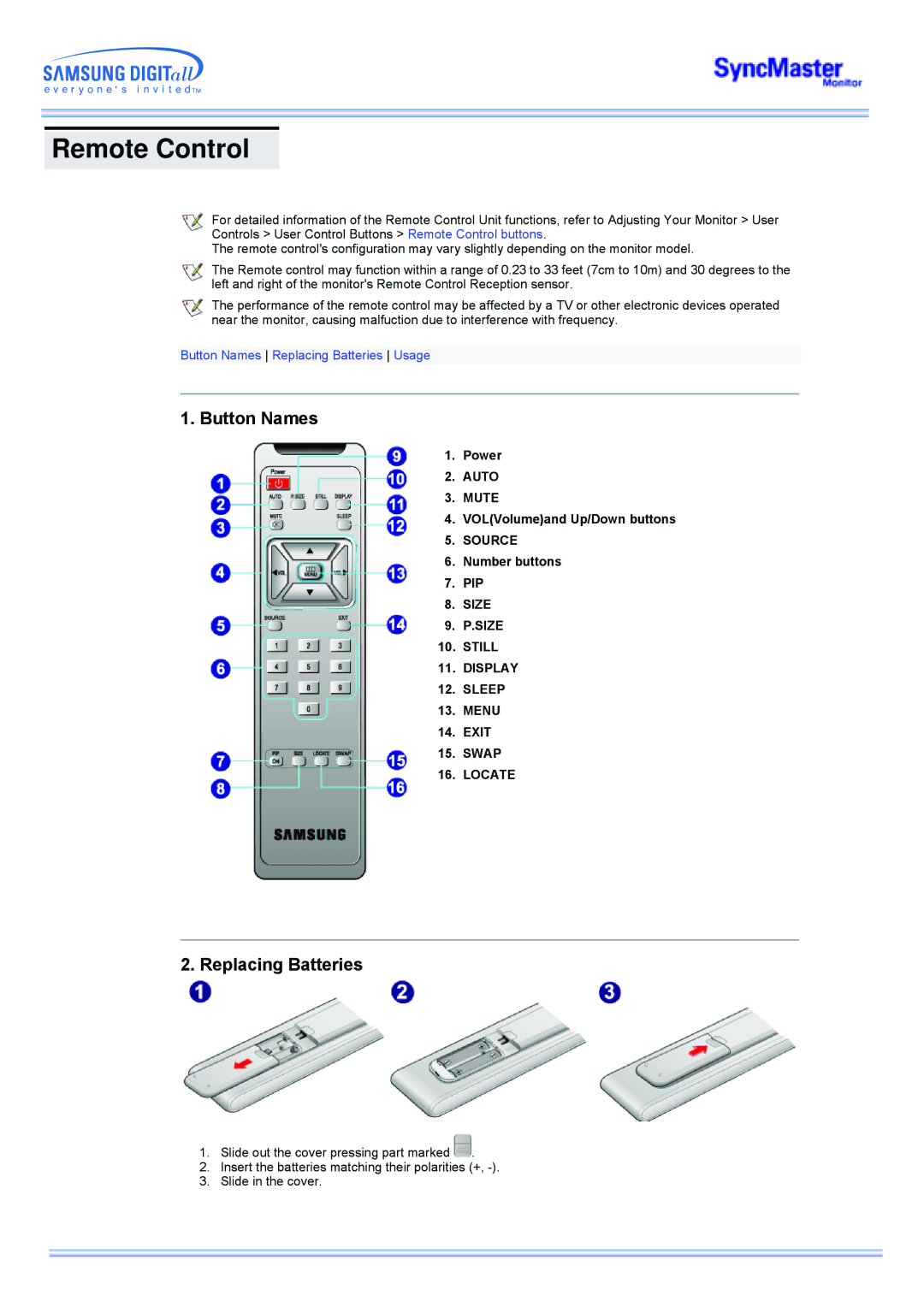 Samsung CK40BSNB/EDC, CK40PSNSG/EDC, CK40PSNB/EDC, CK40PSSS/EDC manual Remote Control, Button Names, Replacing Batteries 