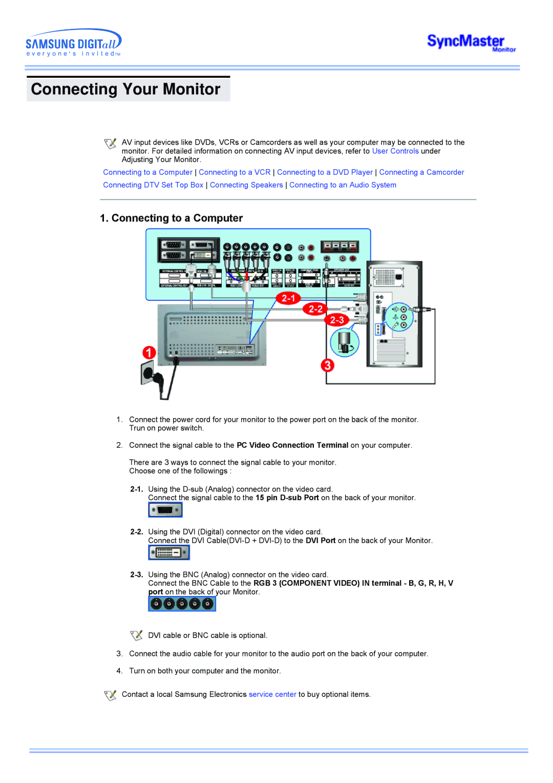 Samsung CK40PSSS/EDC, CK40PSNSG/EDC, CK40PSNB/EDC, CK40PSNBF/EDC manual Connecting Your Monitor, Connecting to a Computer 