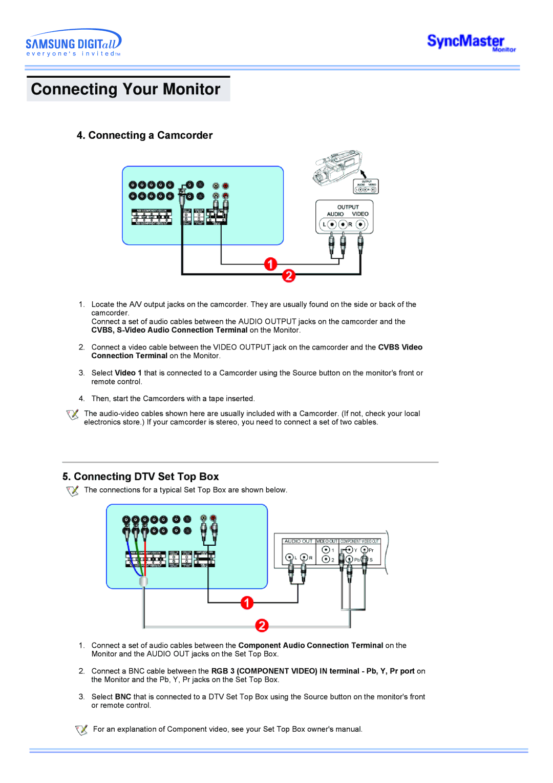 Samsung CK40PSSB/EDC, CK40PSNSG/EDC, CK40PSNB/EDC, CK40PSSS/EDC manual Connecting a Camcorder, Connecting DTV Set Top Box 