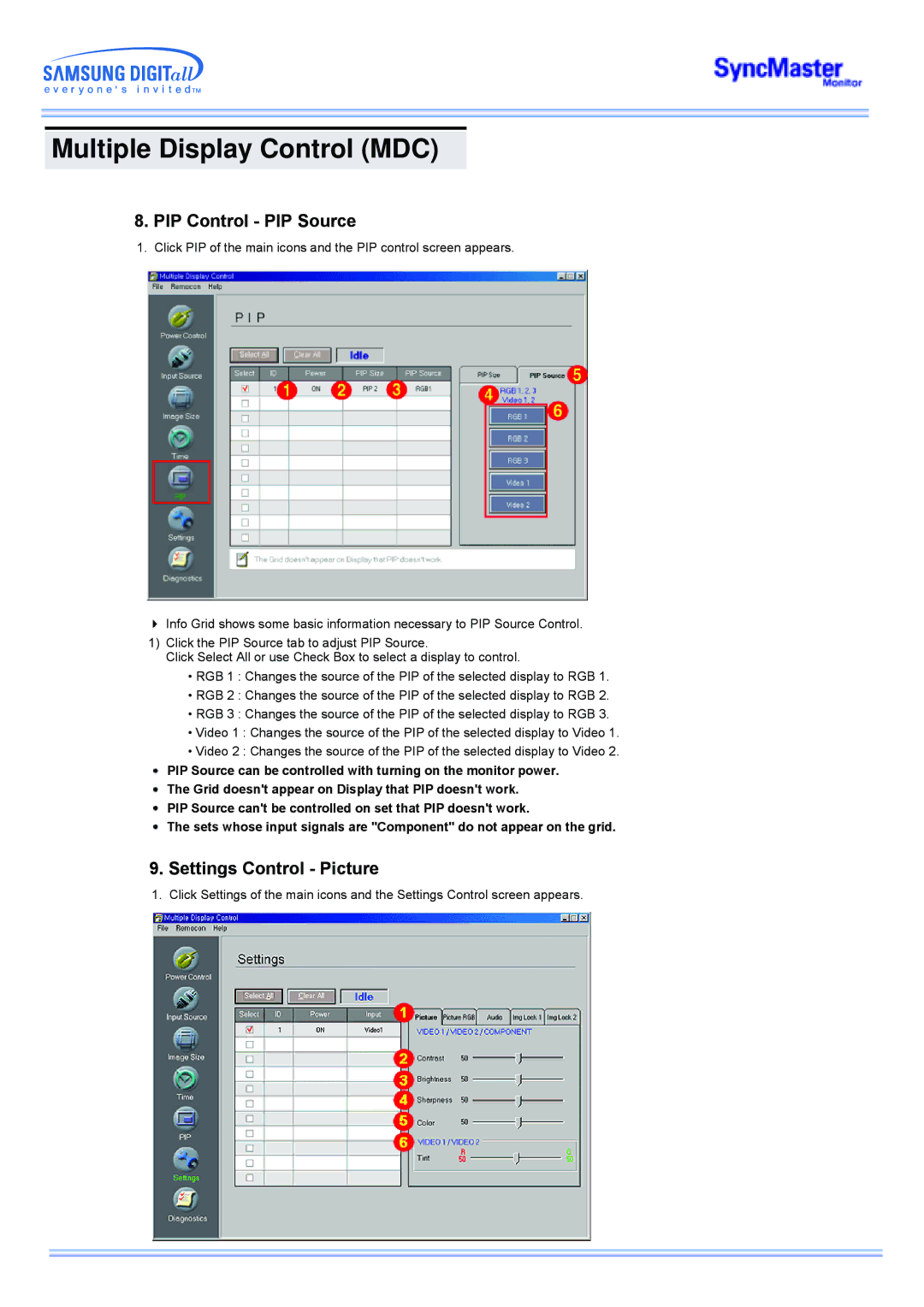 Samsung CK40BSSB/EDC, CK40PSNSG/EDC, CK40PSNB/EDC, CK40PSSS/EDC manual PIP Control PIP Source, Settings Control Picture 