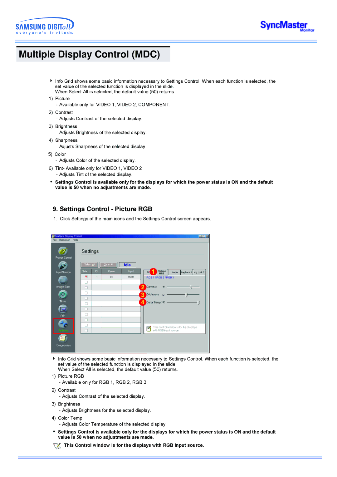 Samsung CK40PSNS/ILC, CK40PSNSG/EDC, CK40PSNB/EDC, CK40PSSS/EDC, CK40PSNBF/EDC, CK40PSSB/EDC manual Settings Control Picture RGB 