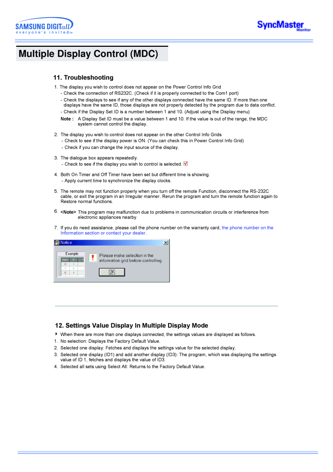 Samsung CK40PSSS/EDC, CK40PSNSG/EDC, CK40PSNB/EDC manual Troubleshooting, Settings Value Display In Multiple Display Mode 