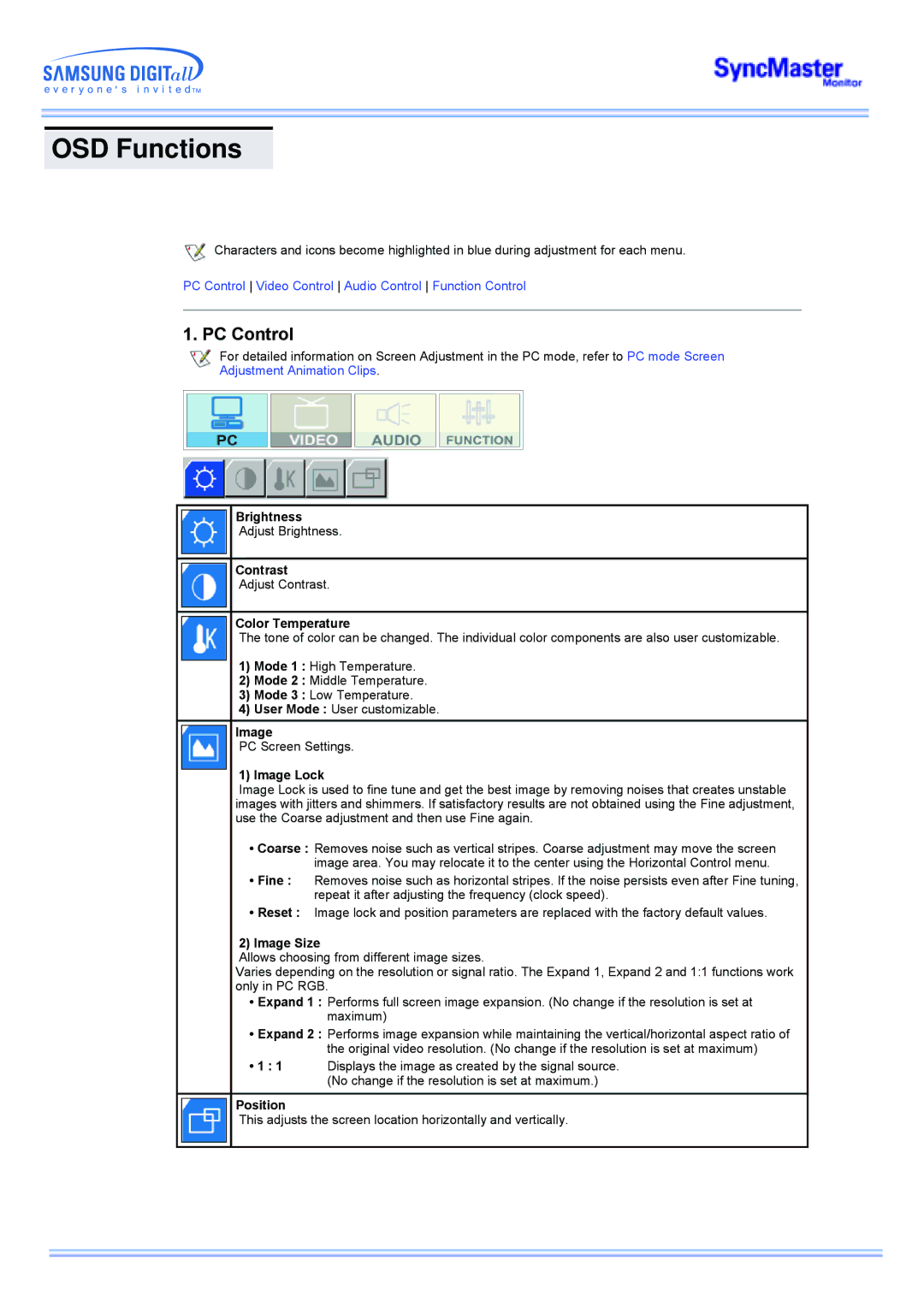 Samsung CK40BSNS/XSJ, CK40PSNSG/EDC, CK40PSNB/EDC, CK40PSSS/EDC, CK40PSNBF/EDC, CK40PSSB/EDC manual OSD Functions, PC Control 