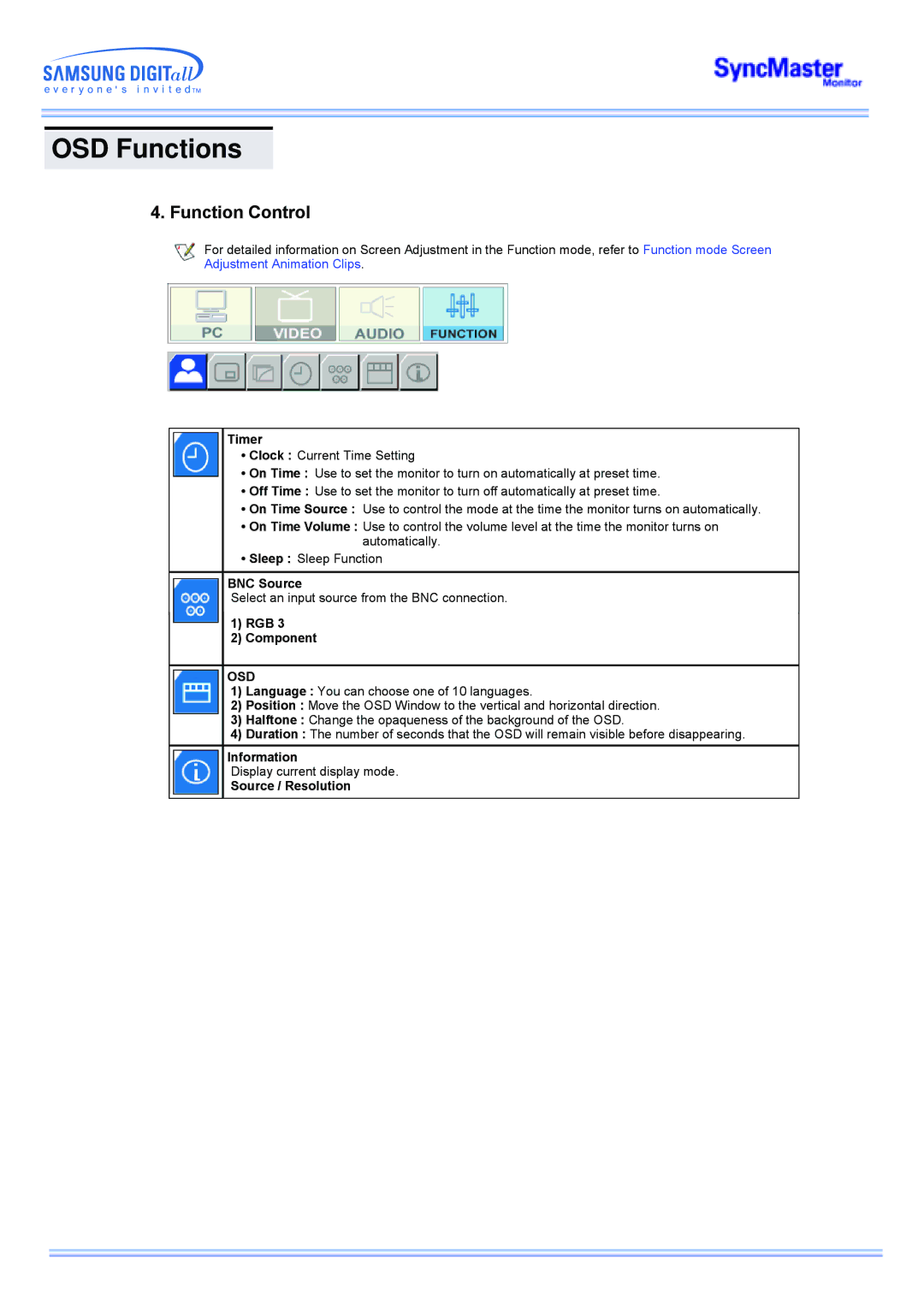 Samsung CK40PSSS/XSJ, CK40PSNSG/EDC, CK40PSNB/EDC manual Timer, BNC Source, RGB Component, Information, Source / Resolution 