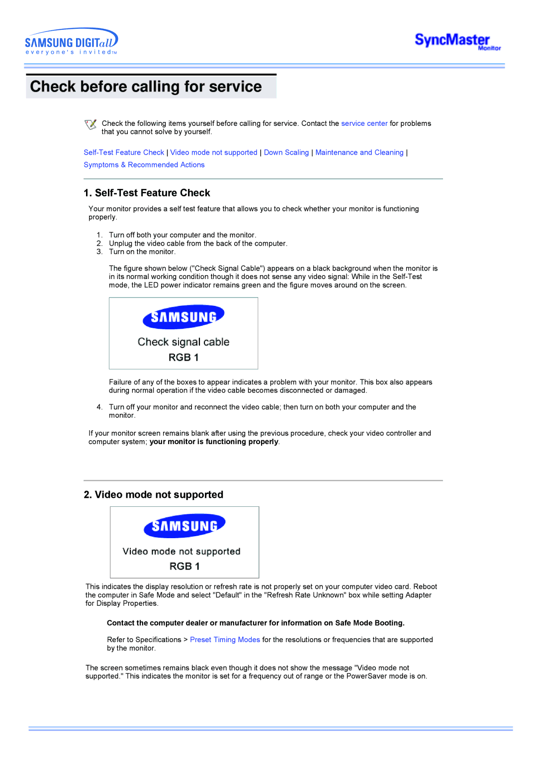 Samsung CK40BSNS/EDC, CK40PSNSG/EDC Check before calling for service, Self-Test Feature Check, Video mode not supported 