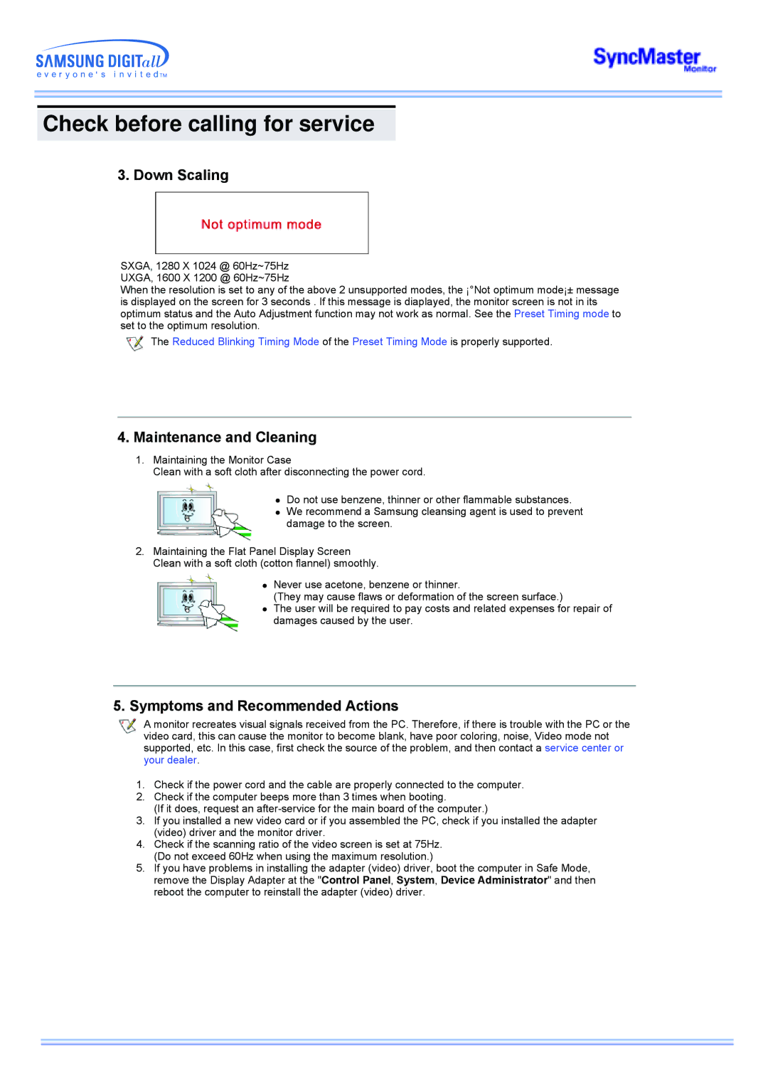 Samsung CK40PSNS/EDC, CK40PSNSG/EDC, CK40PSNB/EDC Down Scaling, Maintenance and Cleaning, Symptoms and Recommended Actions 