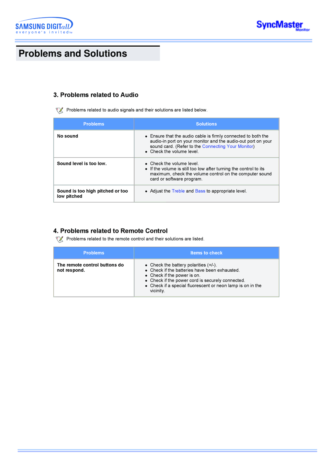 Samsung CK40BSNB/EDC, CK40PSNSG/EDC, CK40PSNB/EDC manual Problems related to Audio, Problems related to Remote Control 