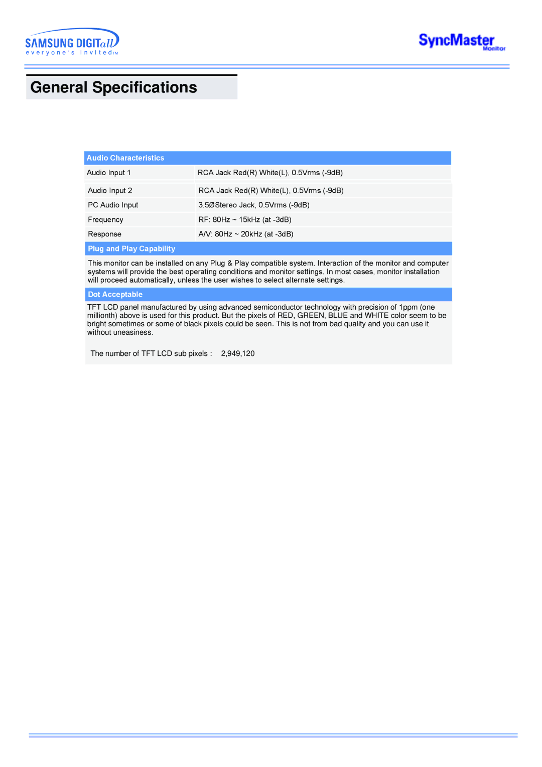 Samsung CK40PSNS/XSG, CK40PSNSG/EDC, CK40PSNB/EDC, CK40PSSS/EDC, CK40PSNBF/EDC, CK40PSSB/EDC manual Audio Characteristics 