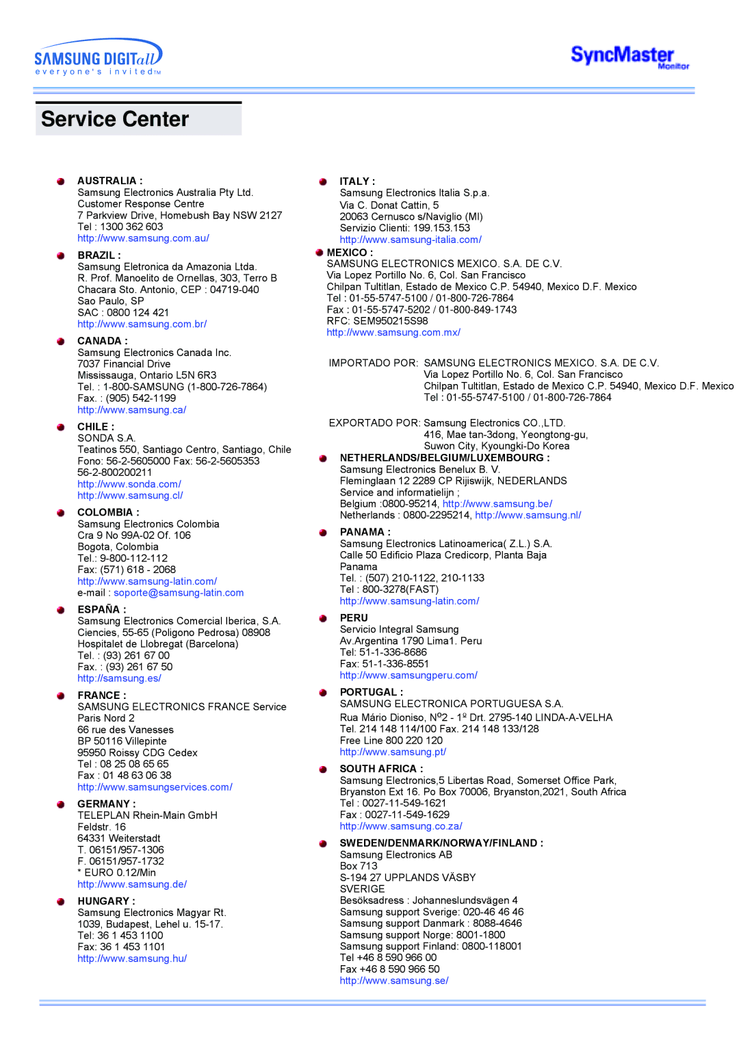 Samsung CK40PSNSG/EDC, CK40PSNB/EDC, CK40PSSS/EDC, CK40PSNBF/EDC, CK40PSSB/EDC, CK40BSNB/XSJ Service Center, Australia Brazil 