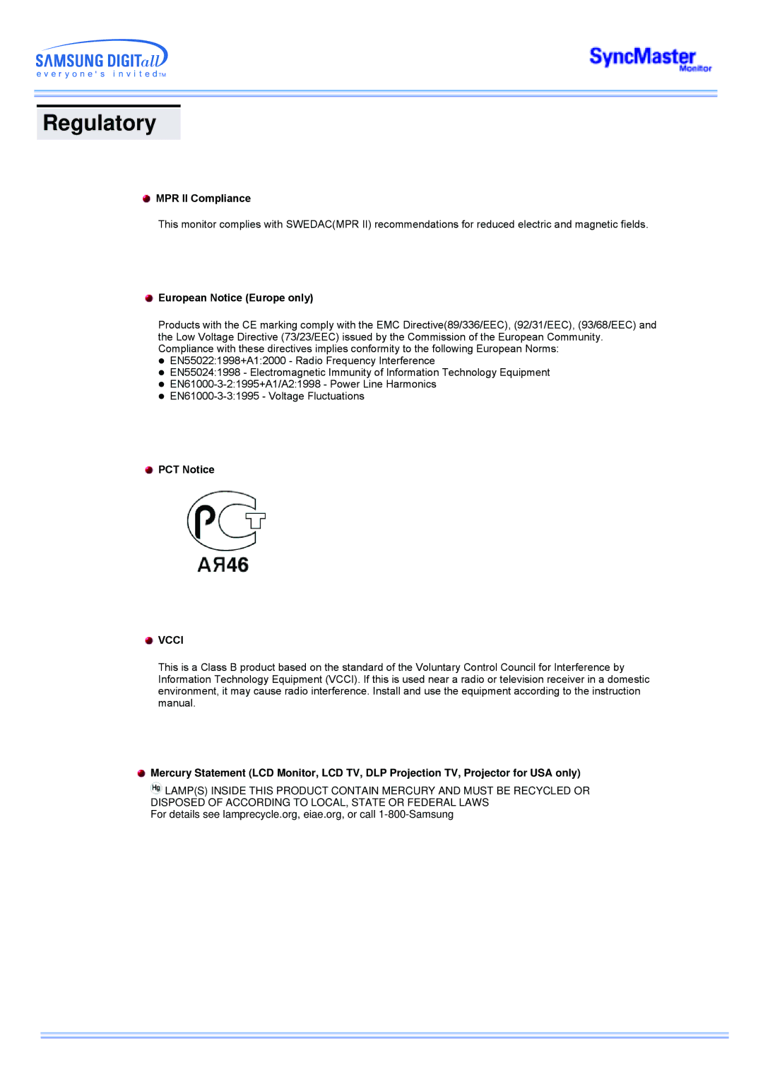 Samsung CK40PSSB/EDC, CK40PSNSG/EDC, CK40PSNB/EDC, CK40PSSS/EDC MPR II Compliance, European Notice Europe only, PCT Notice 