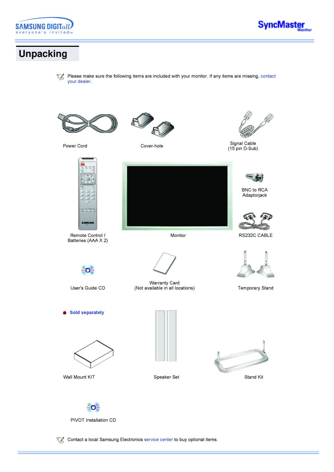 Samsung CK40PSNS/XSJ, CK40PSNSG/EDC, CK40PSNB/EDC, CK40PSSS/EDC, CK40PSNBF/EDC, CK40PSSB/EDC manual Unpacking, RS232C Cable 