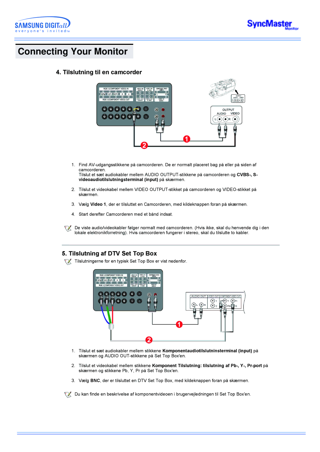 Samsung CK40PSNBG/EDC, CK40PSNSG/EDC, CK40PSNB/EDC manual Tilslutning til en camcorder, Tilslutning af DTV Set Top Box 