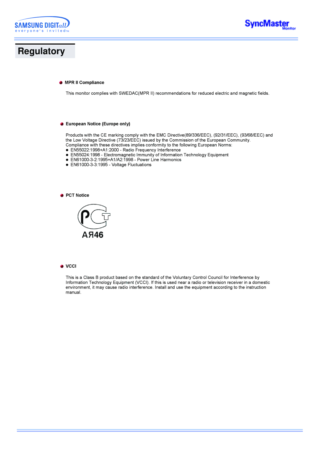 Samsung CK40PSNSF/EDC, CK40PSNSG/EDC, CK40PSNB/EDC, CK40PSSS/EDC MPR II Compliance, European Notice Europe only, PCT Notice 