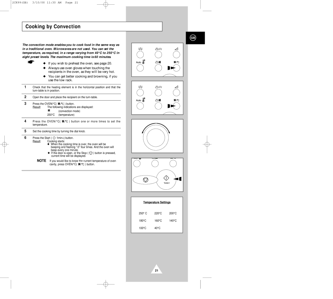 Samsung CK99FS manual Cooking by Convection, Use the low rack 