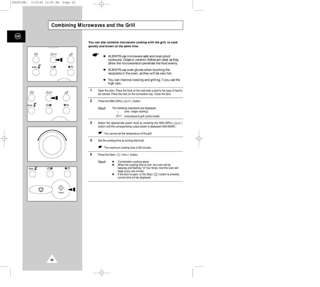 Samsung CK99FS manual Combining Microwaves and the Grill, Always use microwave-safe and oven-proof 