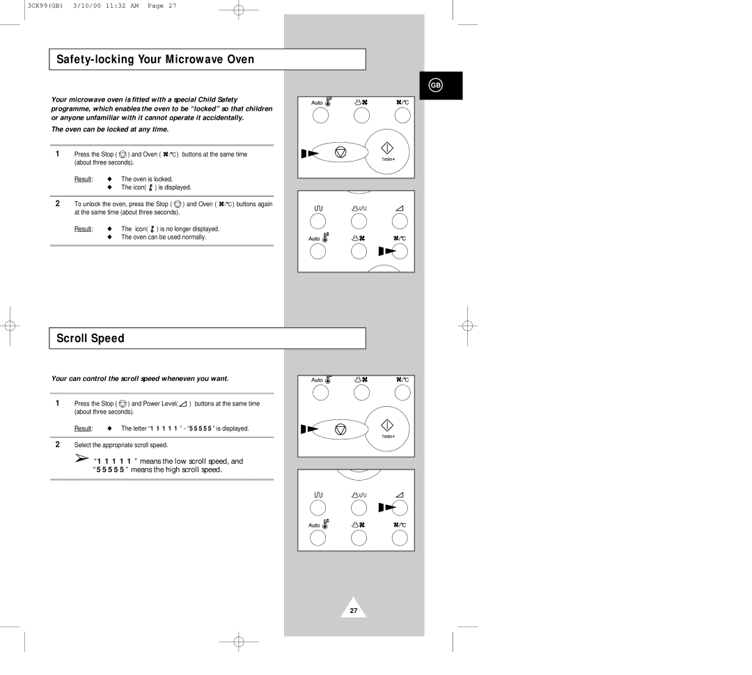 Samsung CK99FS manual Safety-locking Your Microwave Oven, Scroll Speed, Oven can be locked at any time 