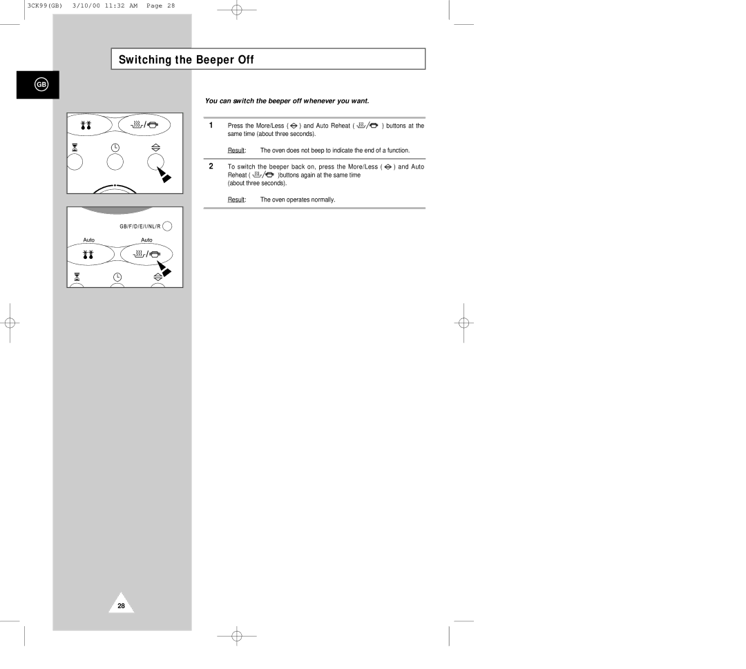 Samsung CK99FS manual Switching the Beeper Off, You can switch the beeper off whenever you want 