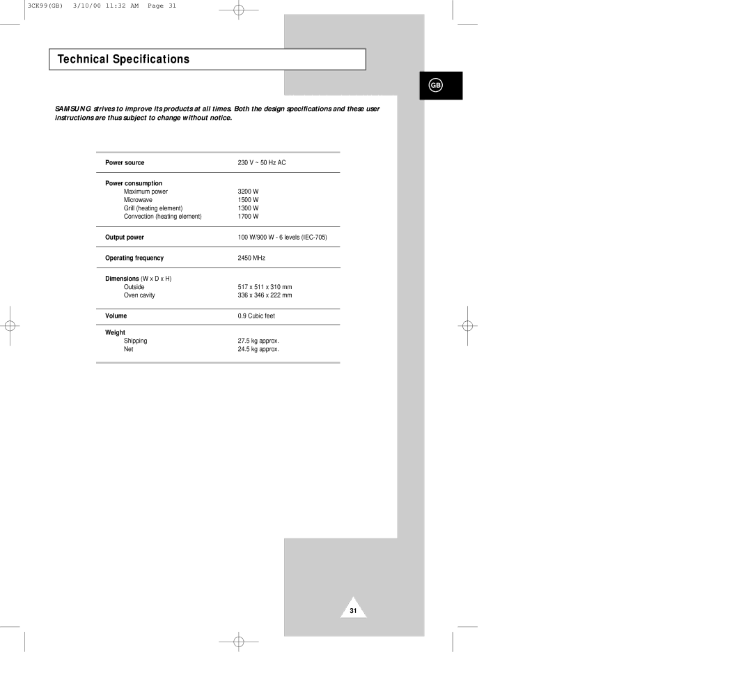 Samsung CK99FS manual Technical Specifications 