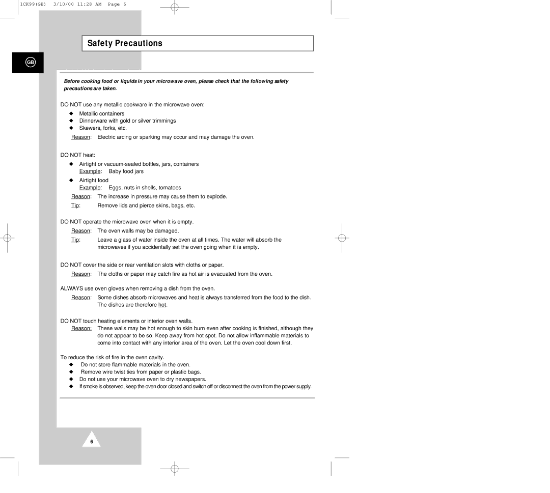 Samsung CK99FS manual Safety Precautions 