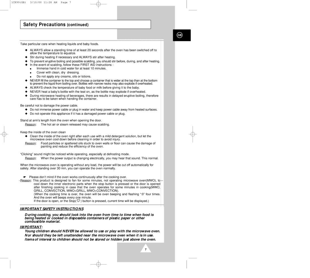 Samsung CK99FS manual Important Safety Instructions 