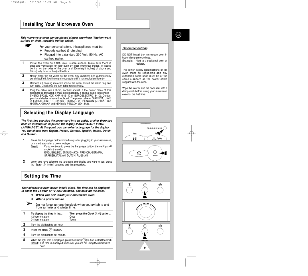 Samsung CK99FS manual Installing Your Microwave Oven, Selecting the Display Language, Setting the Time, Recommendations 