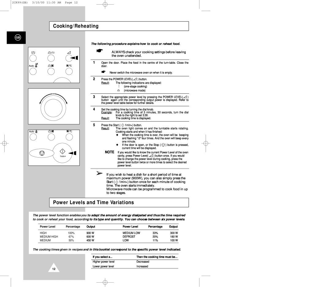 Samsung CK99FS manual Cooking/Reheating, Power Levels and Time Variations 
