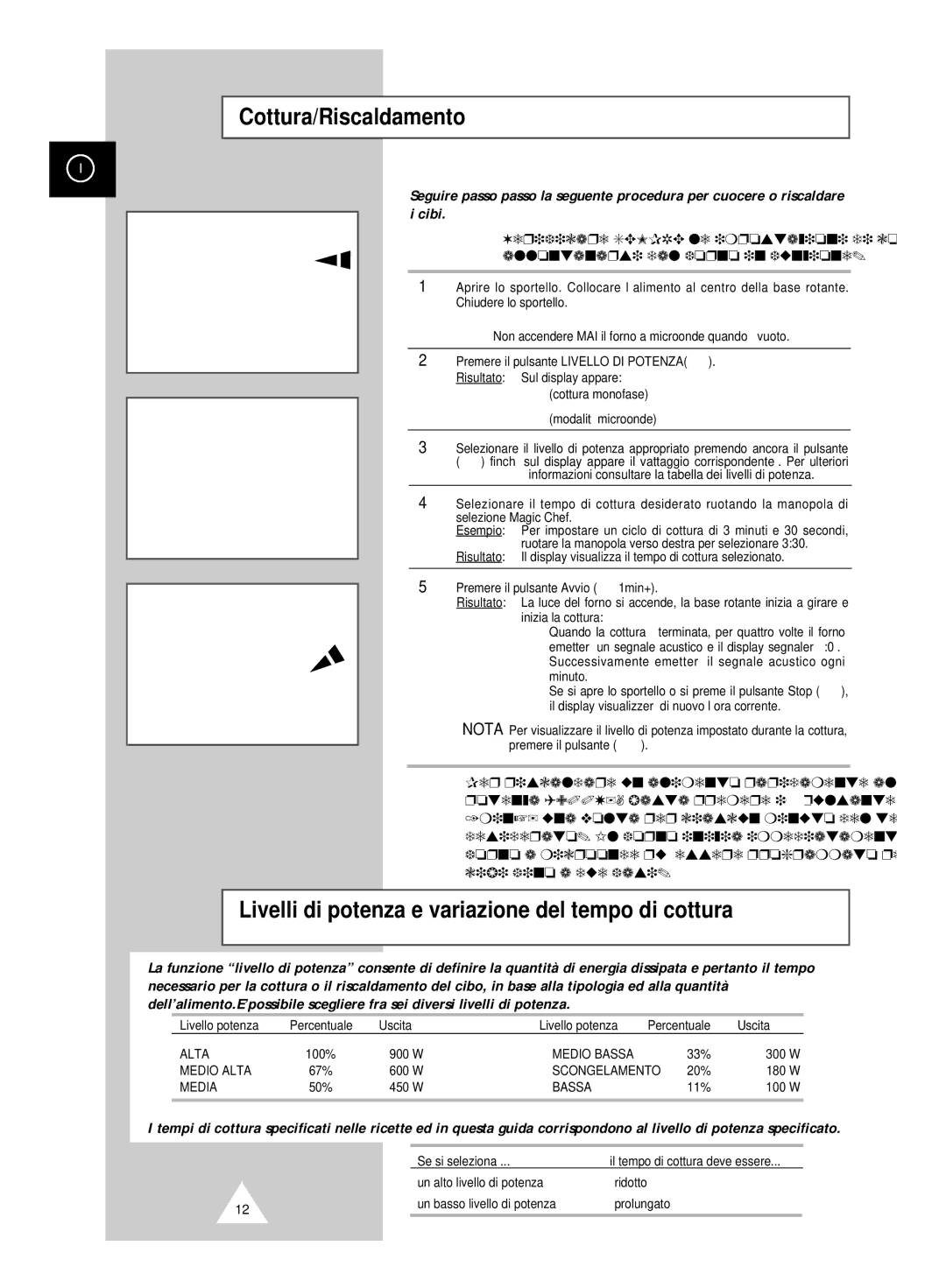 Samsung CK99FS/XET manual Cottura/Riscaldamento, Livelli di potenza e variazione del tempo di cottura, Se si seleziona 