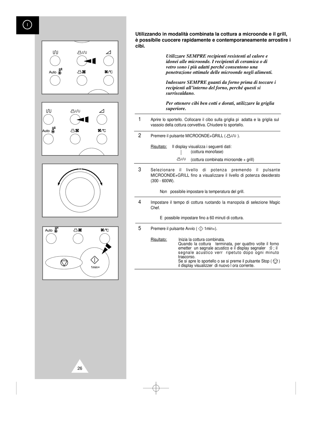 Samsung CK99FS/XET manual Cottura combinata microonde/grill, Utilizzare Sempre recipienti resistenti al calore e 