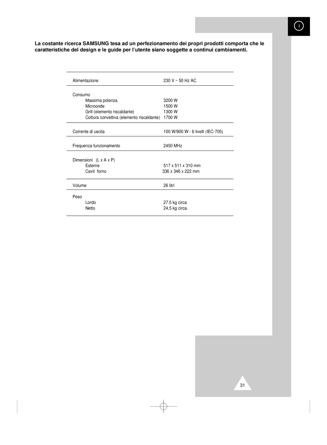 Samsung CK99FS/XET manual Caratteristiche tecniche 