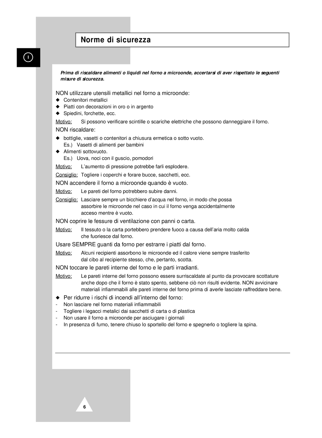 Samsung CK99FS/XET manual Norme di sicurezza, NON utilizzare utensili metallici nel forno a microonde 