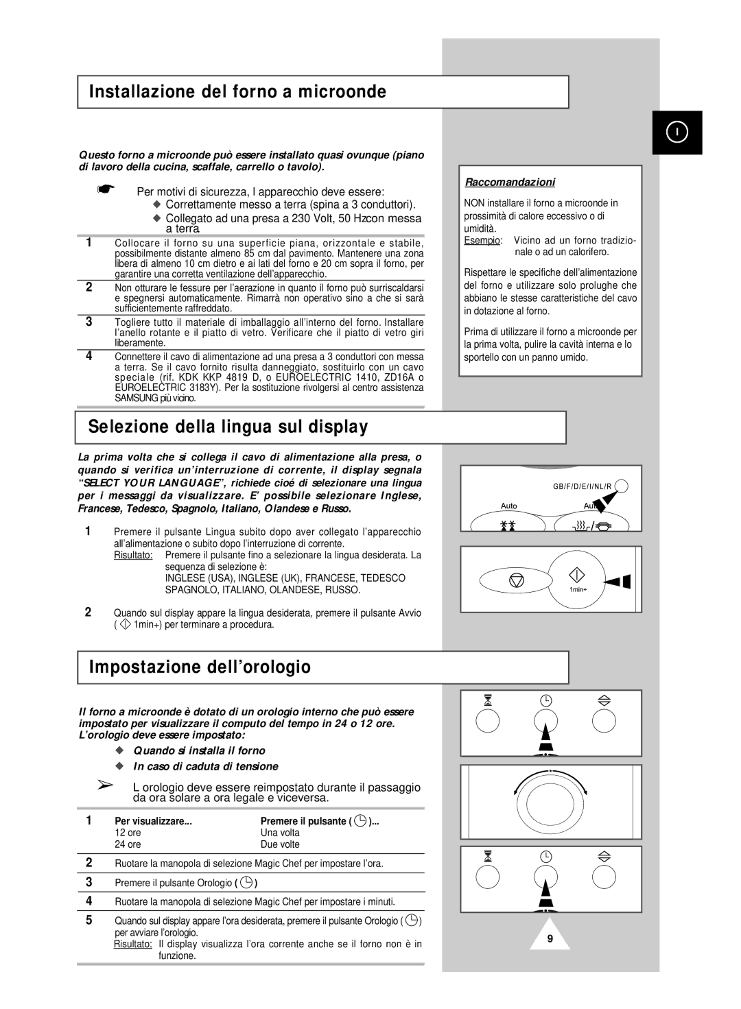 Samsung CK99FS/XET Installazione del forno a microonde, Selezione della lingua sul display, Impostazione dell’orologio 