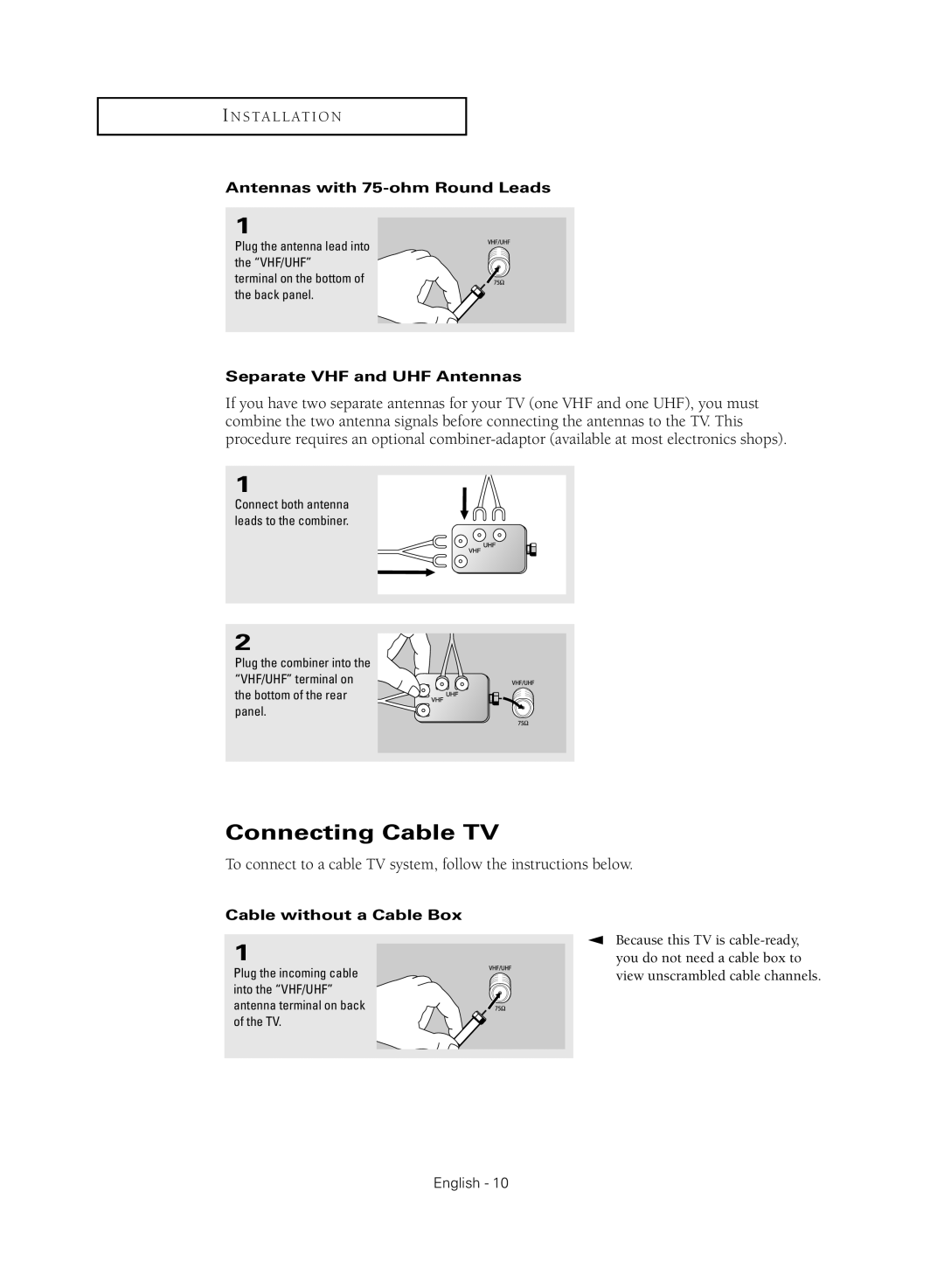 Samsung CL-21K40MQ, CL-21M40MQ manual Connecting Cable TV, Antennas with 75-ohm Round Leads, Separate VHF and UHF Antennas 