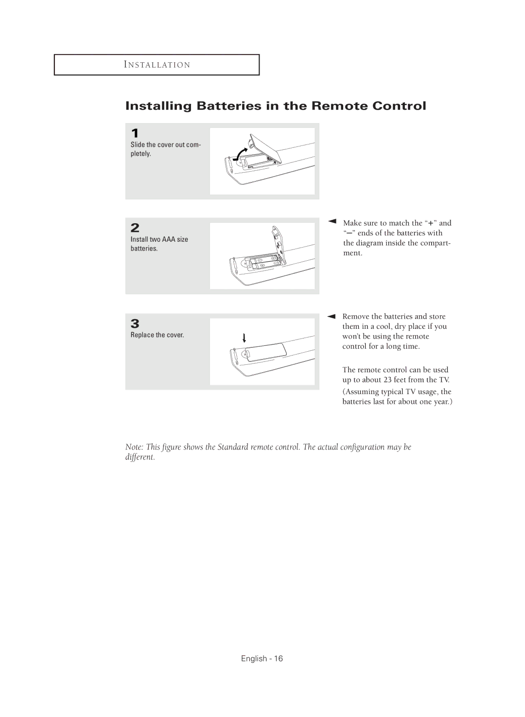 Samsung CL-21K40MQ, CL-21M40MQ manual Installing Batteries in the Remote Control 