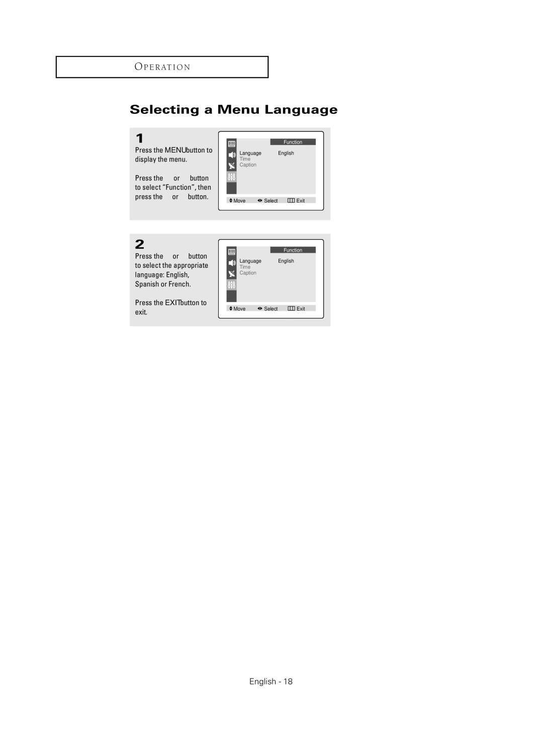 Samsung CL-21K40MQ Selecting a Menu Language, Press the Menu button to display the menu, Press the Exit button to exit 