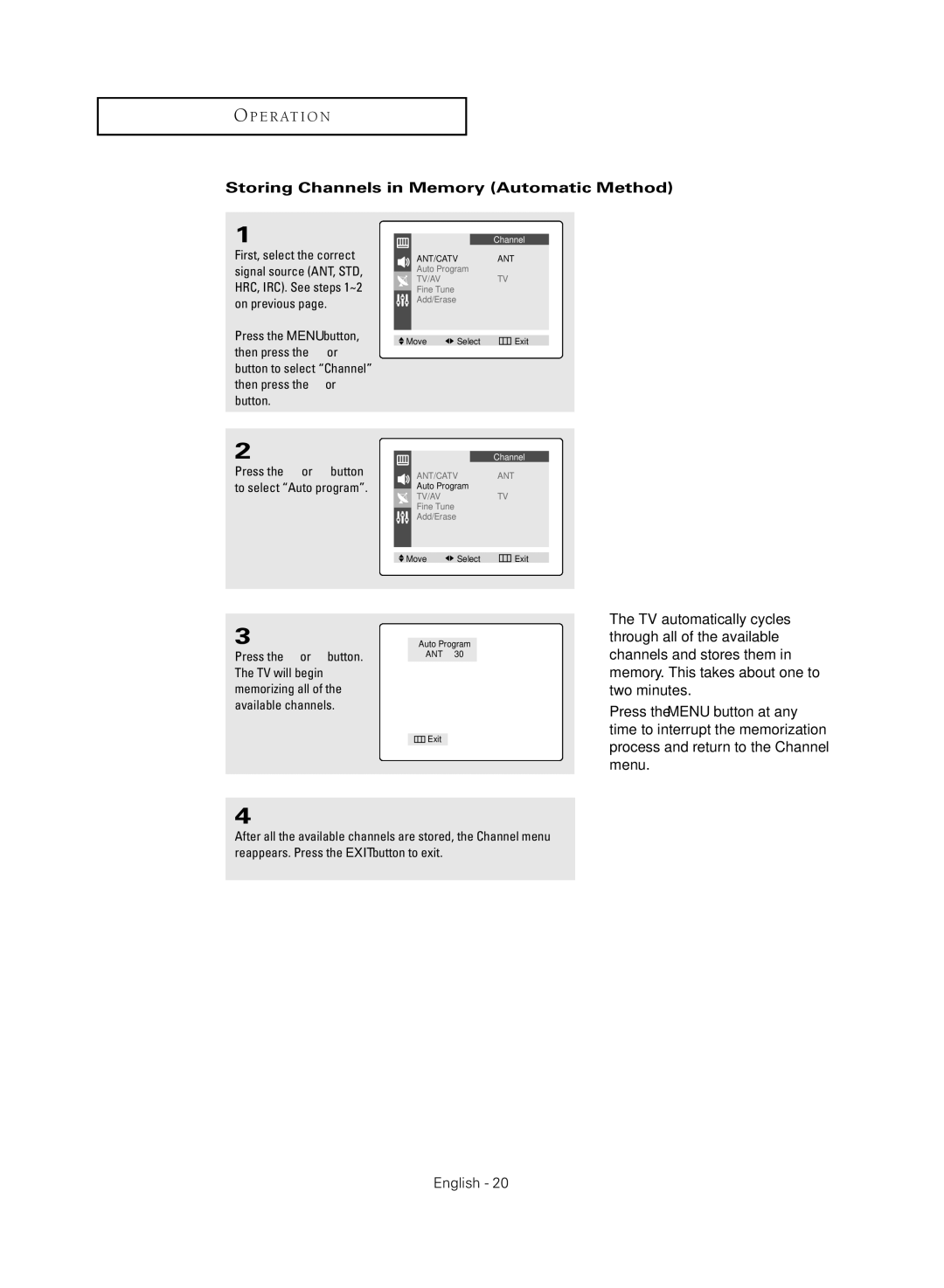 Samsung CL-21K40MQ, CL-21M40MQ manual Storing Channels in Memory Automatic Method, TV automatically cycles 