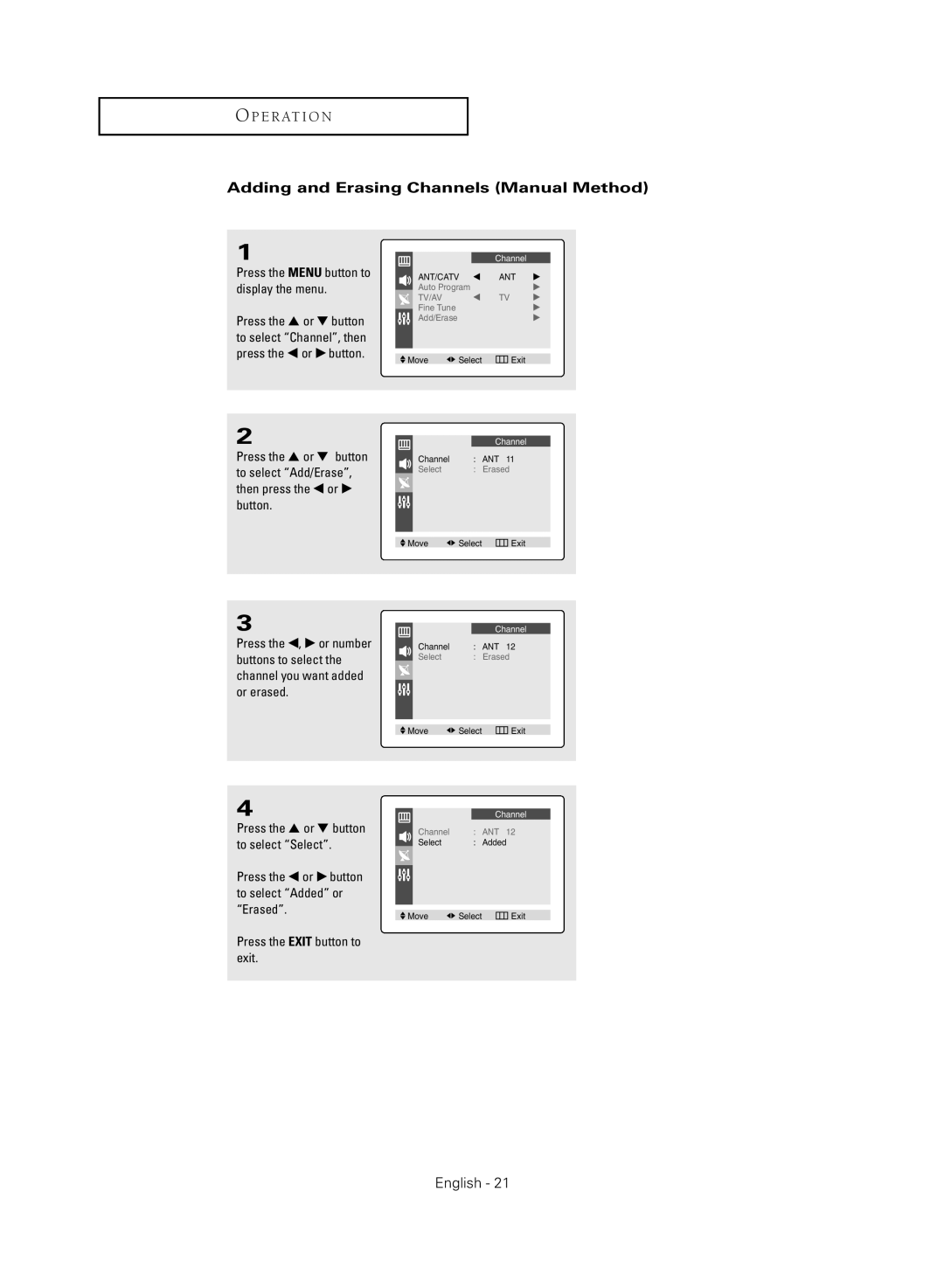 Samsung CL-21M40MQ, CL-21K40MQ manual Adding and Erasing Channels Manual Method 