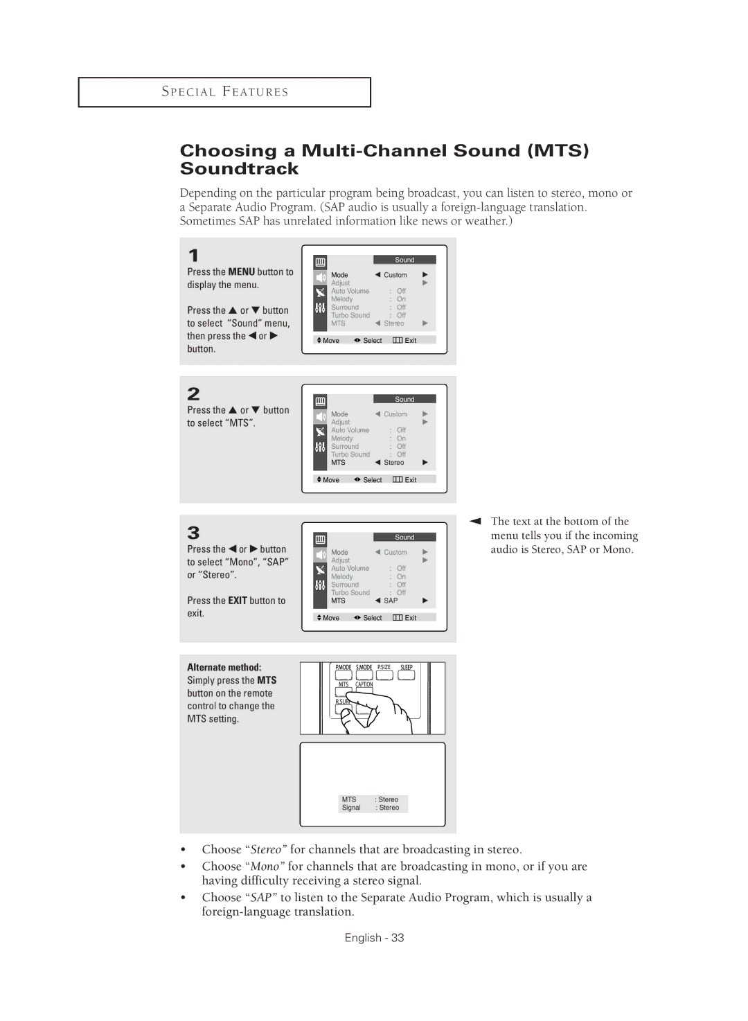 Samsung CL-21M40MQ, CL-21K40MQ manual Choosing a Multi-Channel Sound MTS Soundtrack, Text at the bottom 