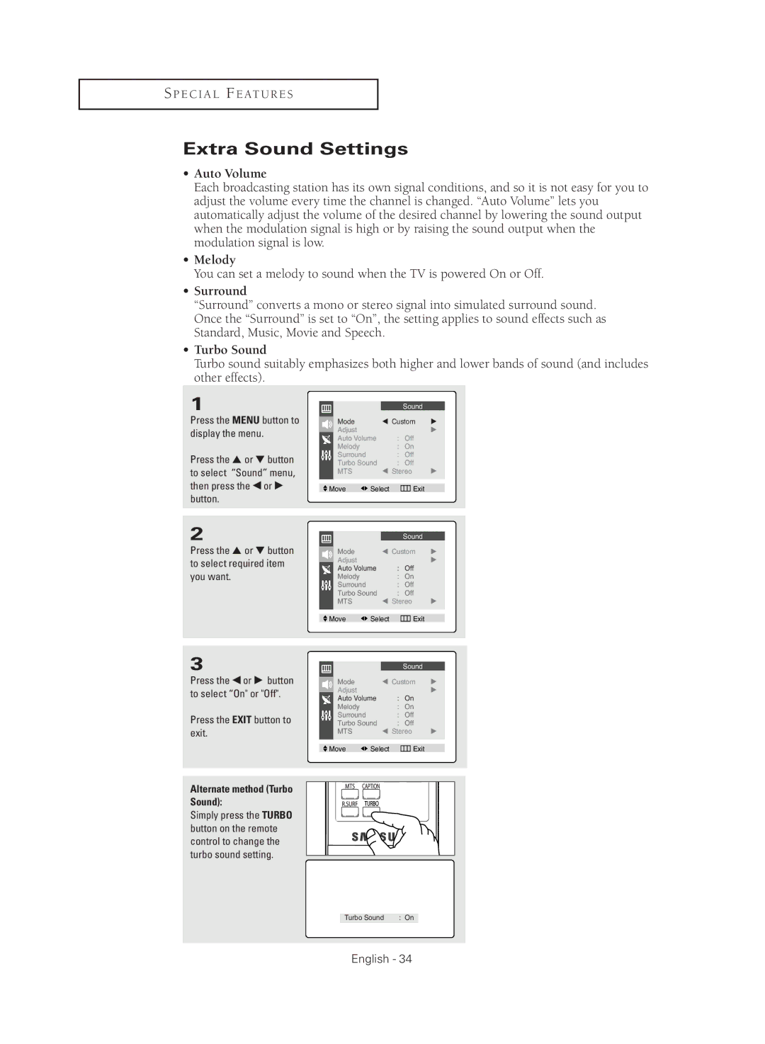 Samsung CL-21K40MQ, CL-21M40MQ manual Extra Sound Settings, Auto Volume 