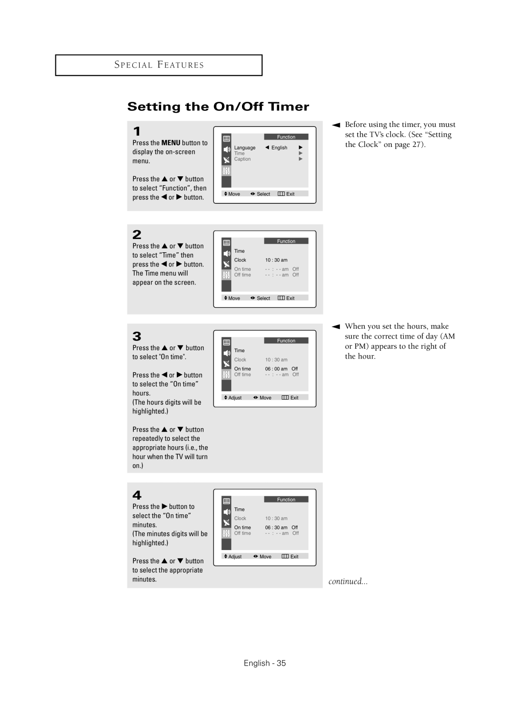 Samsung CL-21M40MQ, CL-21K40MQ manual Setting the On/Off Timer, Press the Menu button to display the on-screen menu 