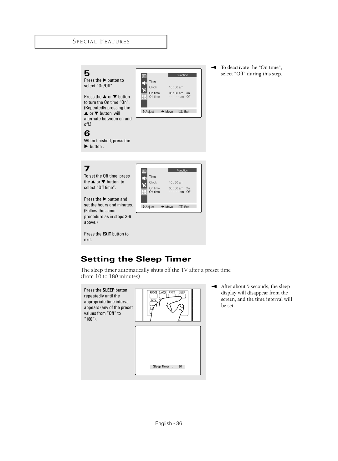 Samsung CL-21K40MQ manual Setting the Sleep Timer, Or button will, Alternate between on Off, When finished, press √ button 