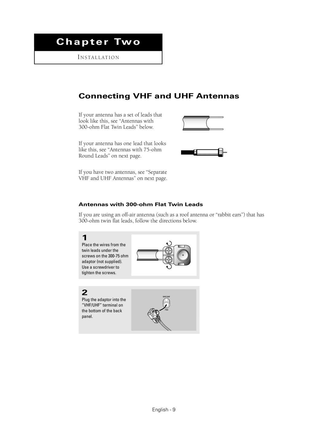 Samsung CL-21M40MQ, CL-21K40MQ manual Connecting VHF and UHF Antennas, Antennas with 300-ohm Flat Twin Leads 