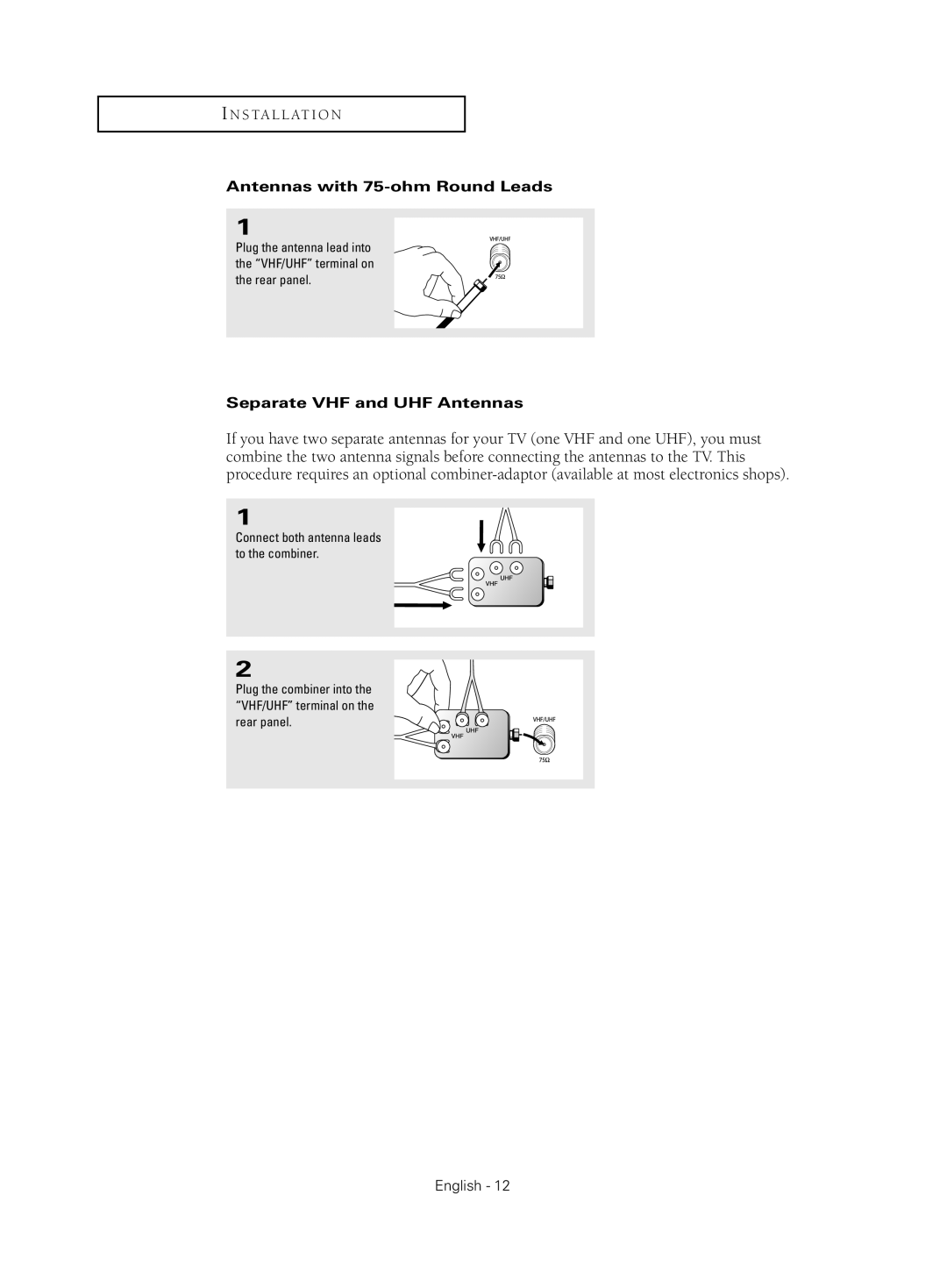 Samsung CL-21Z30 manual Antennas with 75-ohm Round Leads, Separate VHF and UHF Antennas 