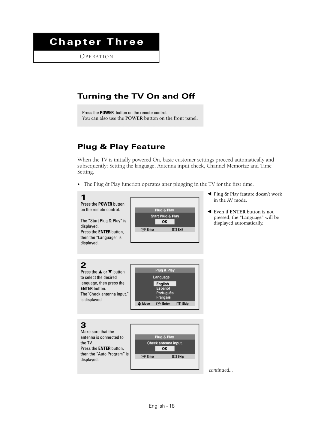 Samsung CL-21Z30 manual Turning the TV On and Off, Plug & Play Feature, Press the Power button on the remote control 