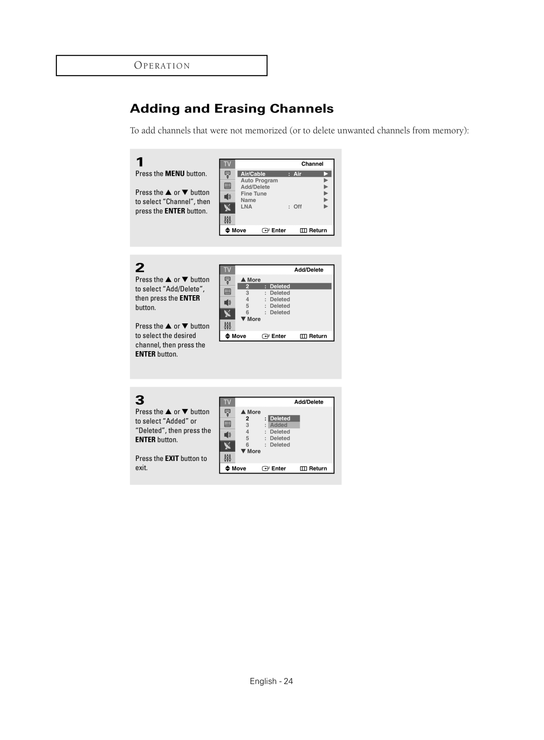 Samsung CL-21Z30 manual Adding and Erasing Channels 