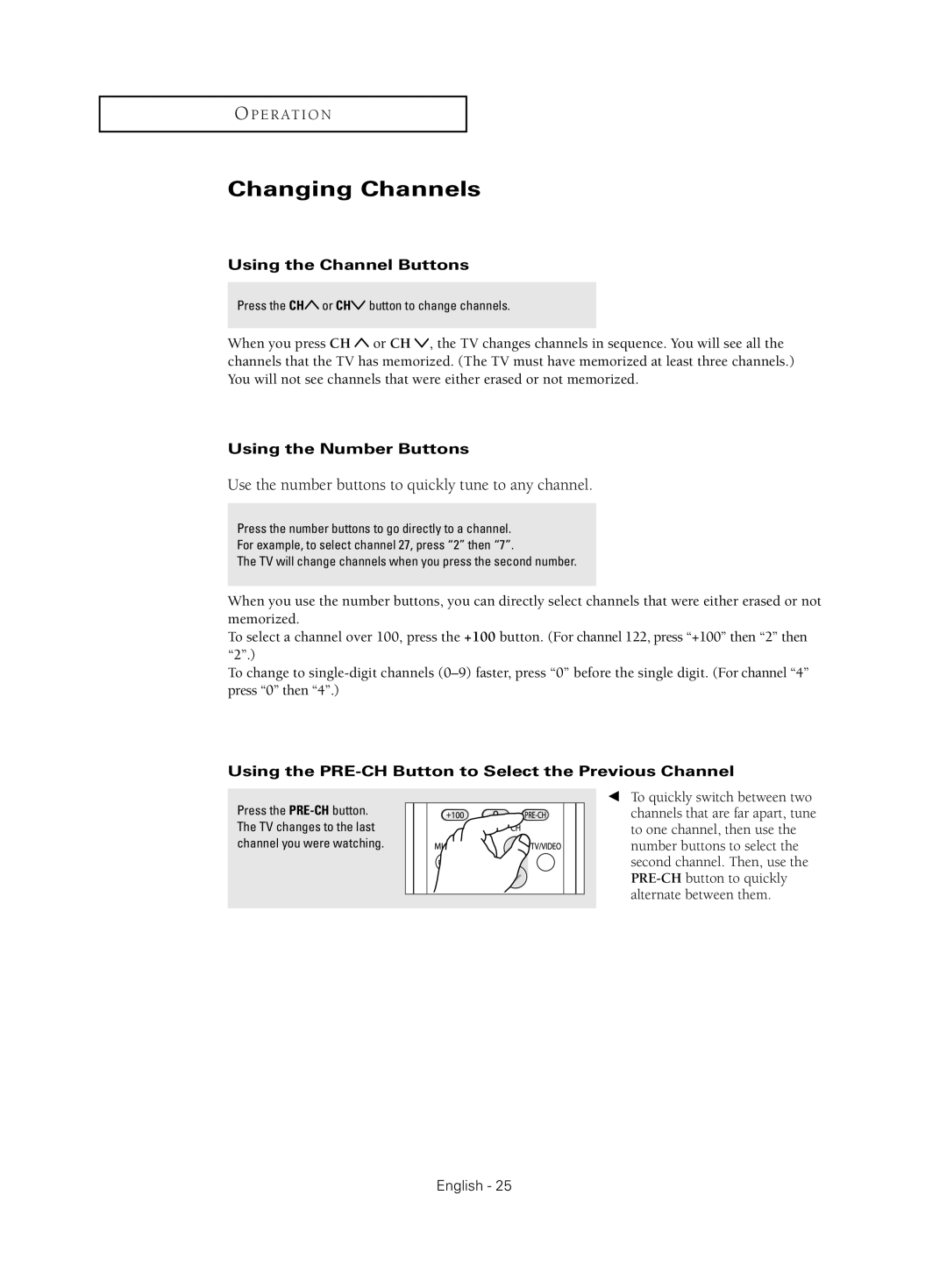 Samsung CL-21Z30 manual Changing Channels, Using the Channel Buttons, Using the Number Buttons 